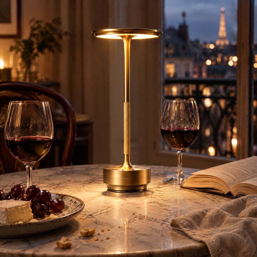 Lampe de table sans fil dorée allumée sur une table de bistrot en marbre, le soir