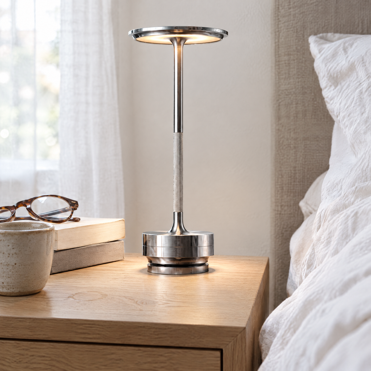 Lampe de table sans fil argentée sur une table de chevet en chêne clair