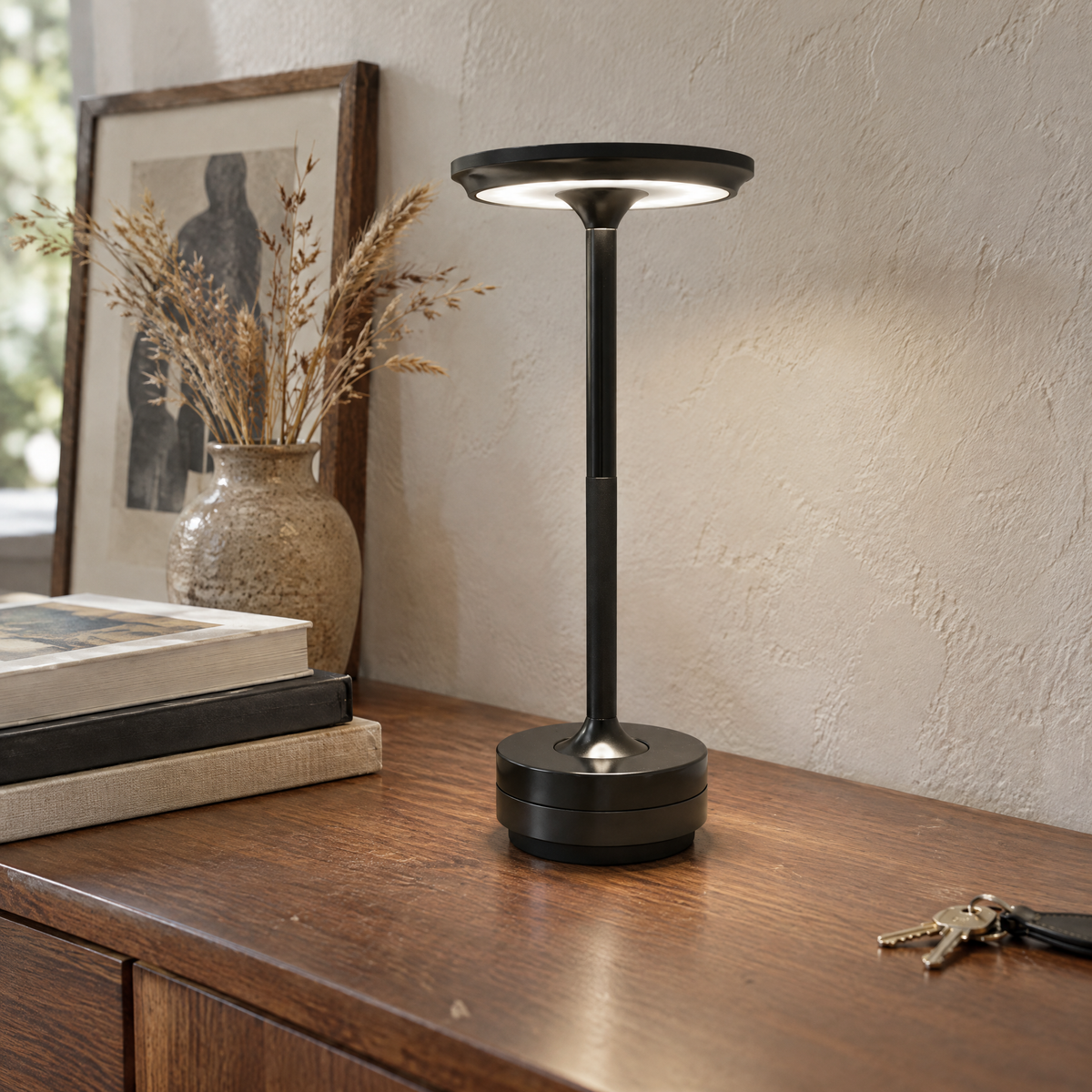 Lampe de table sans fil noire sur un buffet en noyer