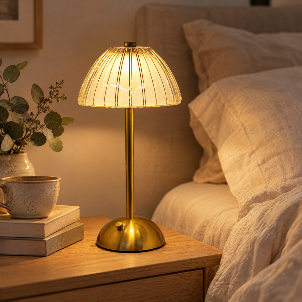 Lampe de table sans fil modèle Champignon allumée sur une table de chevet