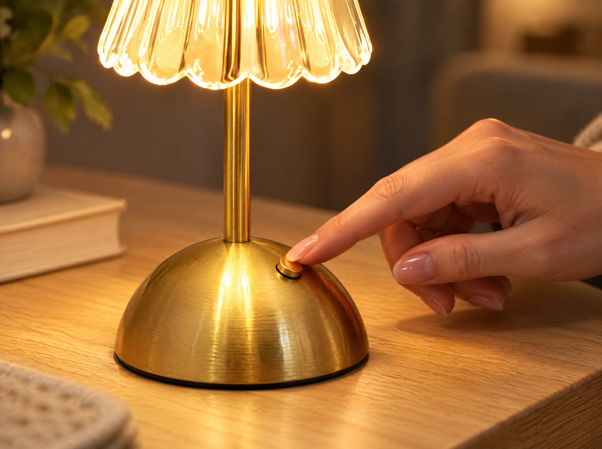 Main appuyant sur le bouton du socle doré de la lampe