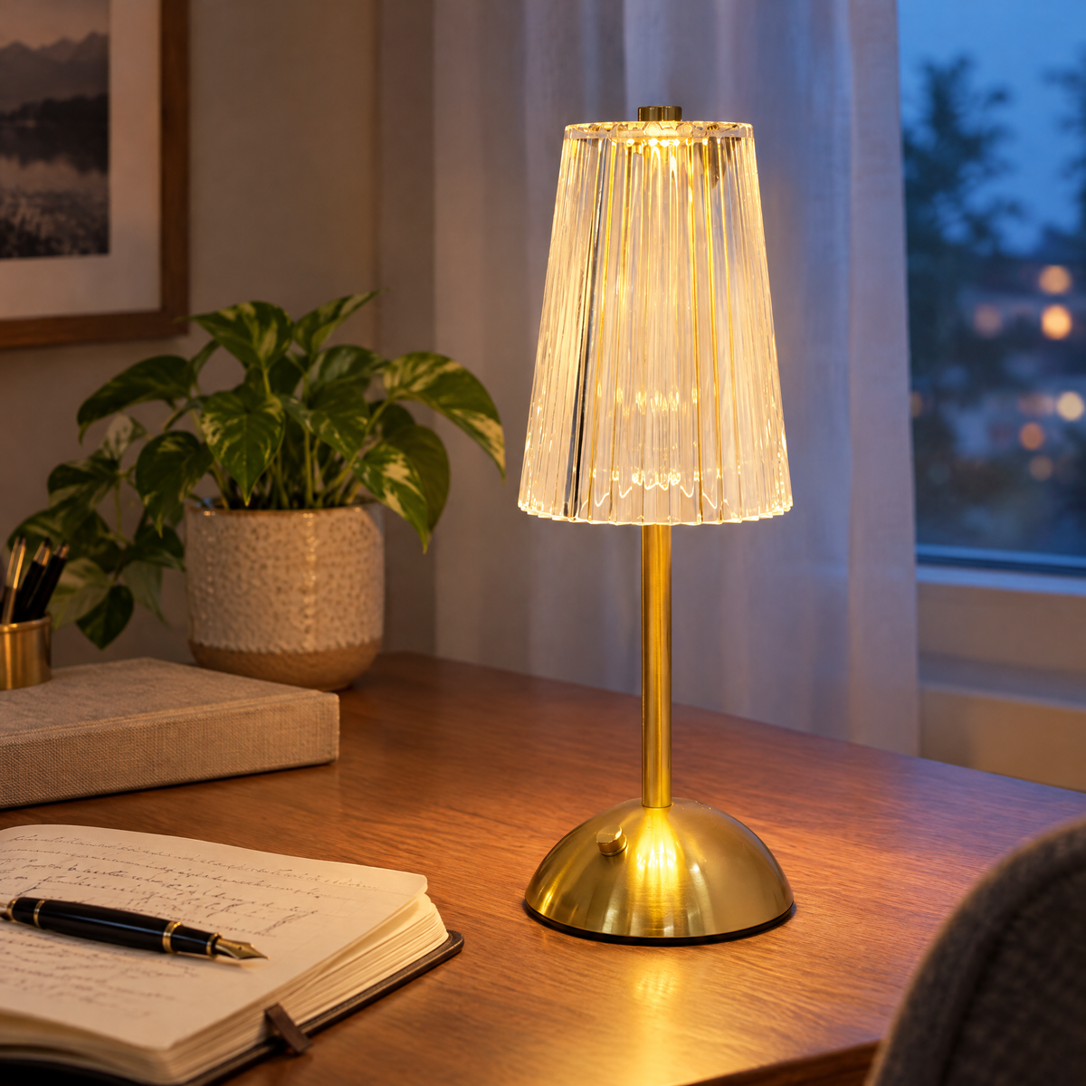 Lampe de table sans fil modèle Cannelé sur un bureau en noyer