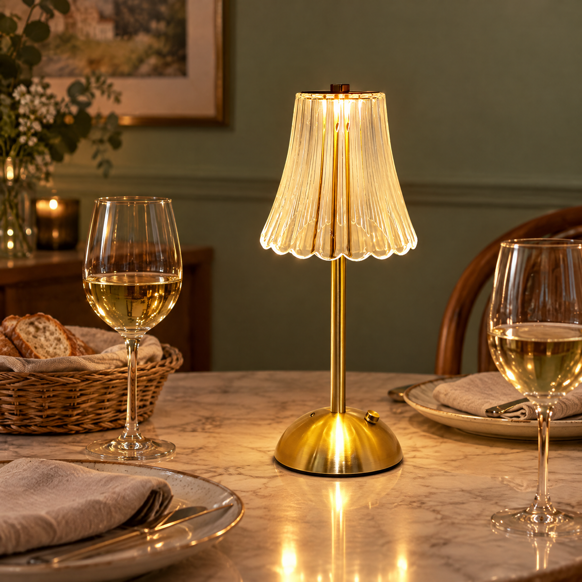 Lampe de table sans fil modèle Tulipe sur une table de dîner en marbre