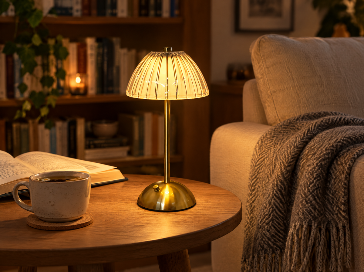 Lampe sans fil Champignon près d'un fauteuil de lecture, sans câble