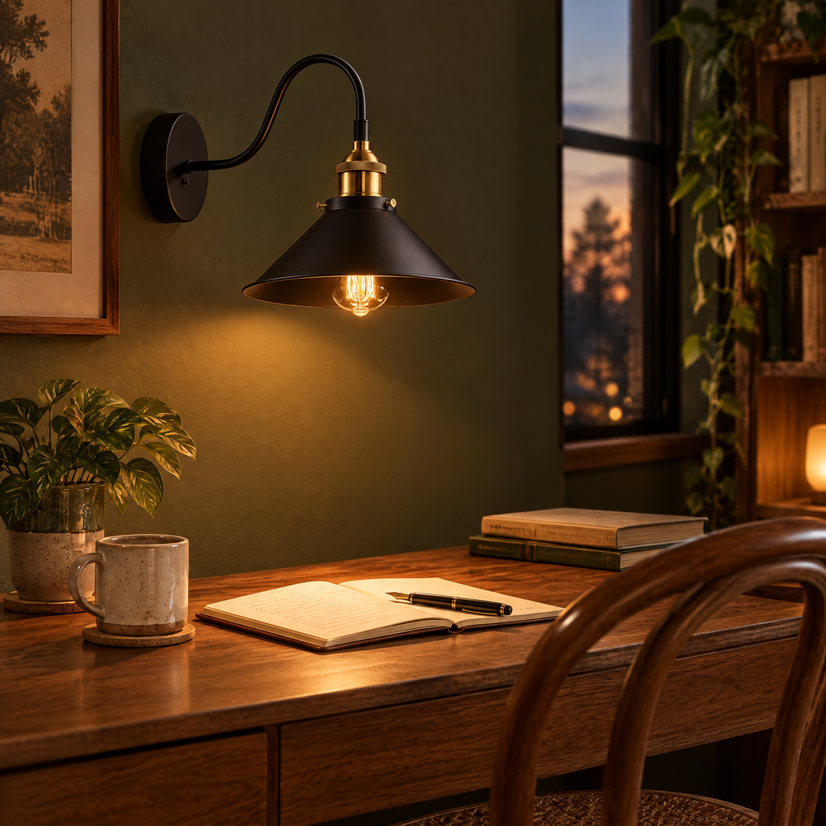 Applique col de cygne noire et laiton au-dessus d'un bureau en noyer