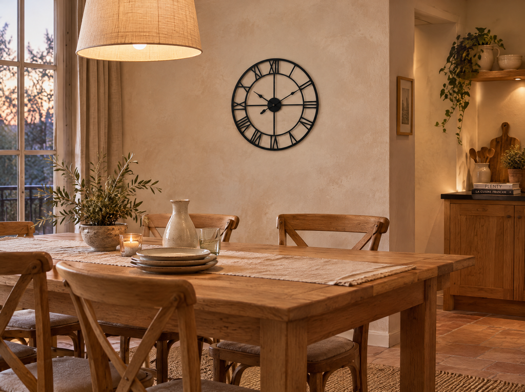 Horloge murale noire dans une salle à manger avec table en chêne