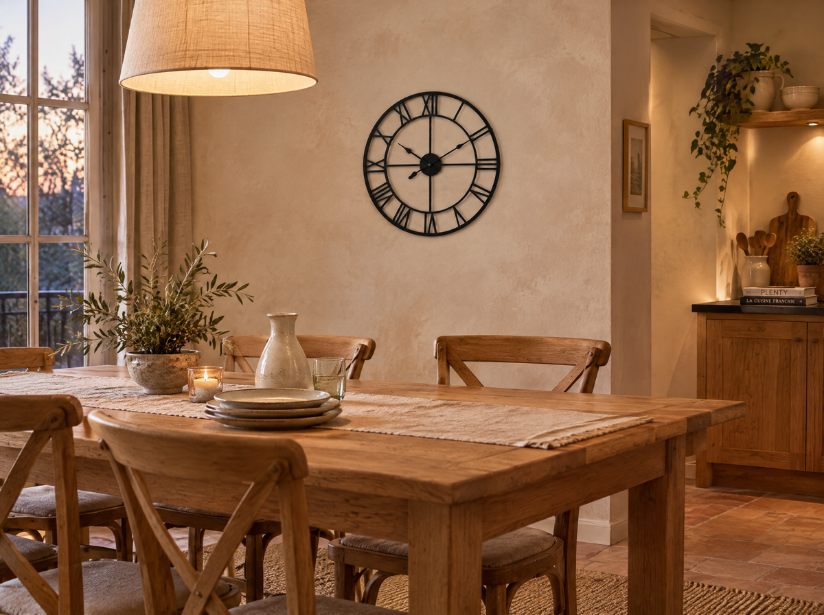 Horloge murale noire dans une salle à manger avec table en chêne