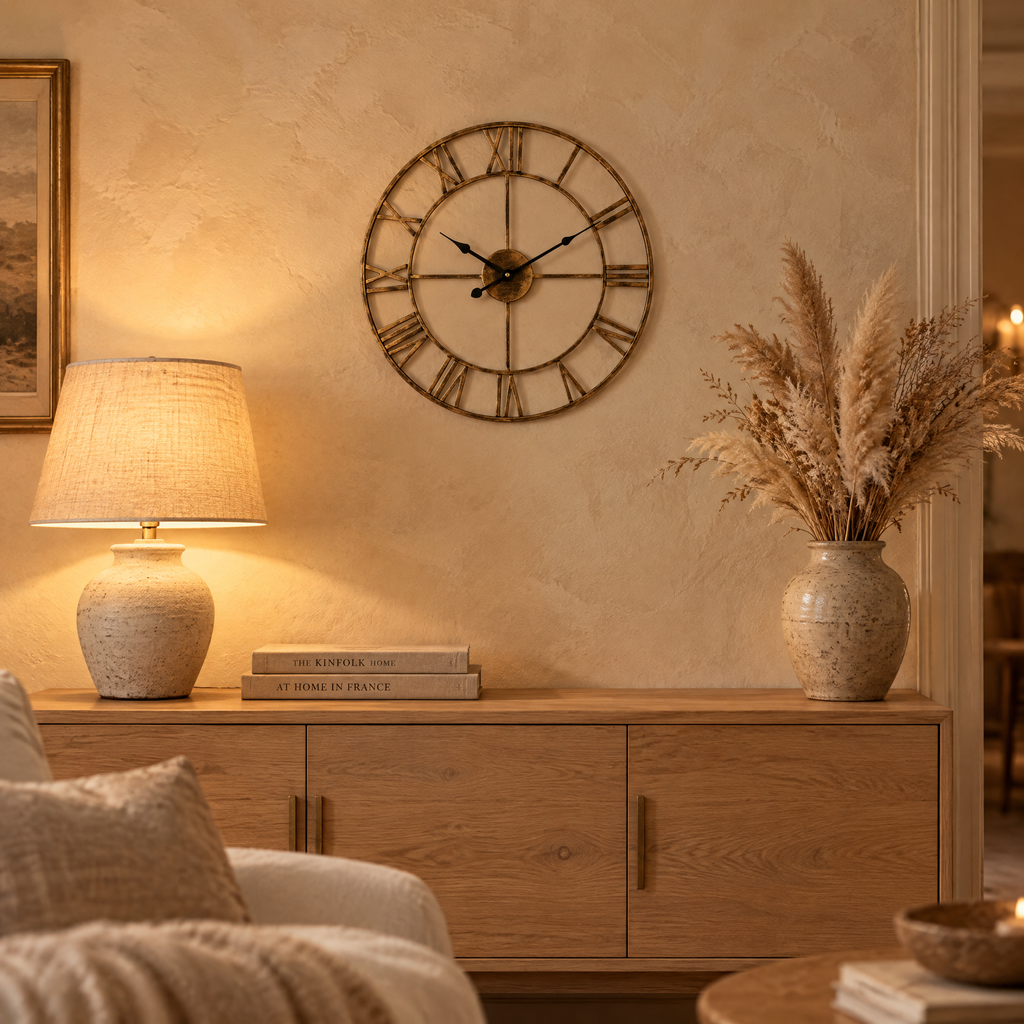 Horloge murale squelette dorée de 40 cm au-dessus d'un buffet en chêne, le soir, lampe allumée