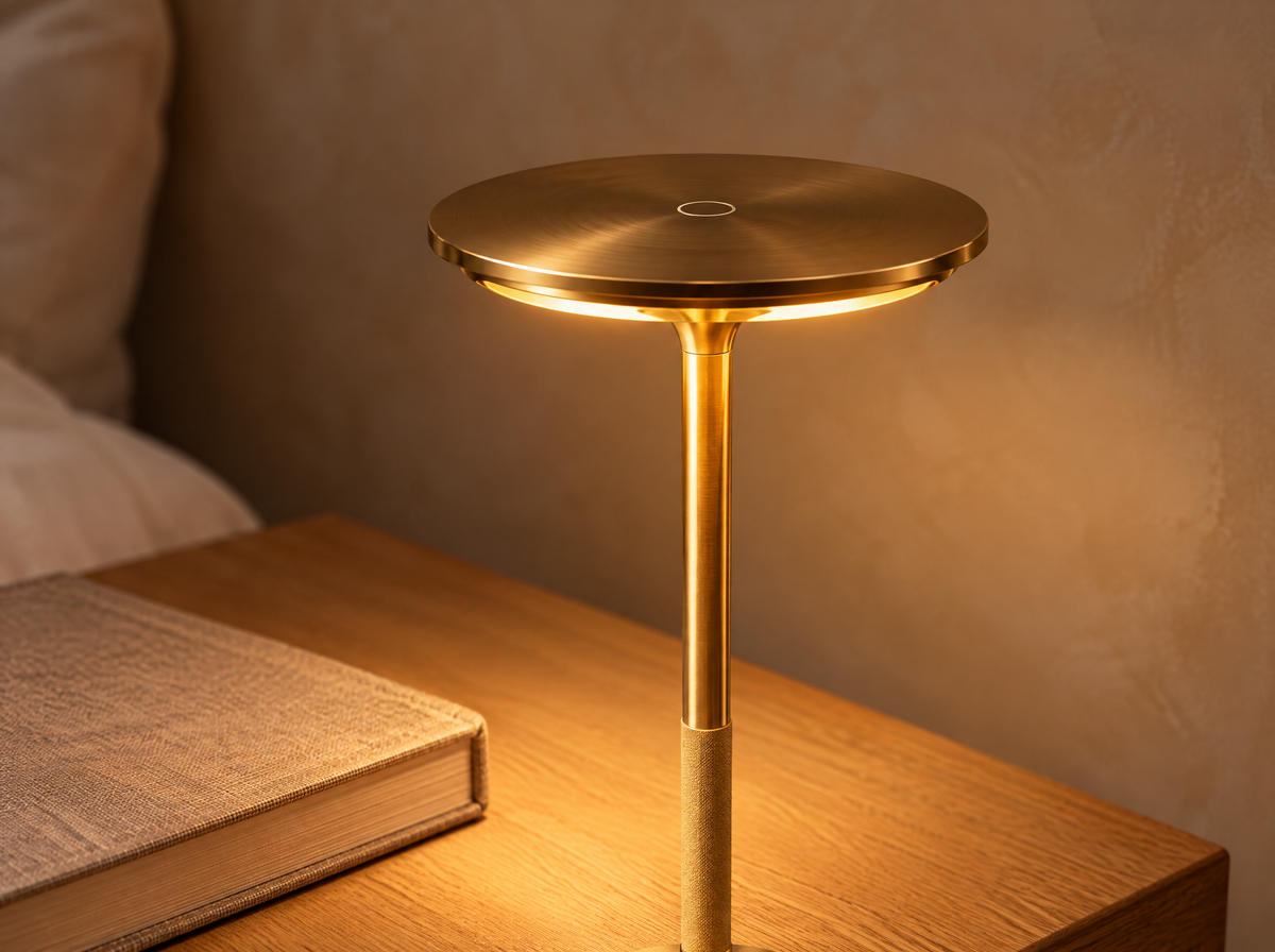 Détail du disque doré et de son bouton tactile, lumière chaude sur une table de chevet