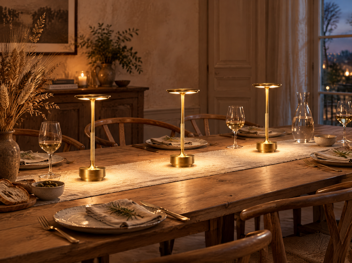 Trois lampes sans fil dorées allumées sur une longue table en chêne