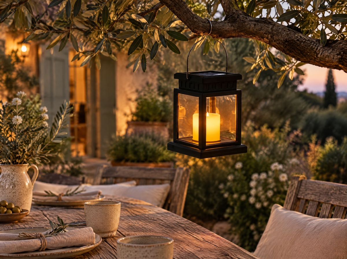 Lanterne solaire suspendue à une branche d'olivier au-dessus d'une table de jardin