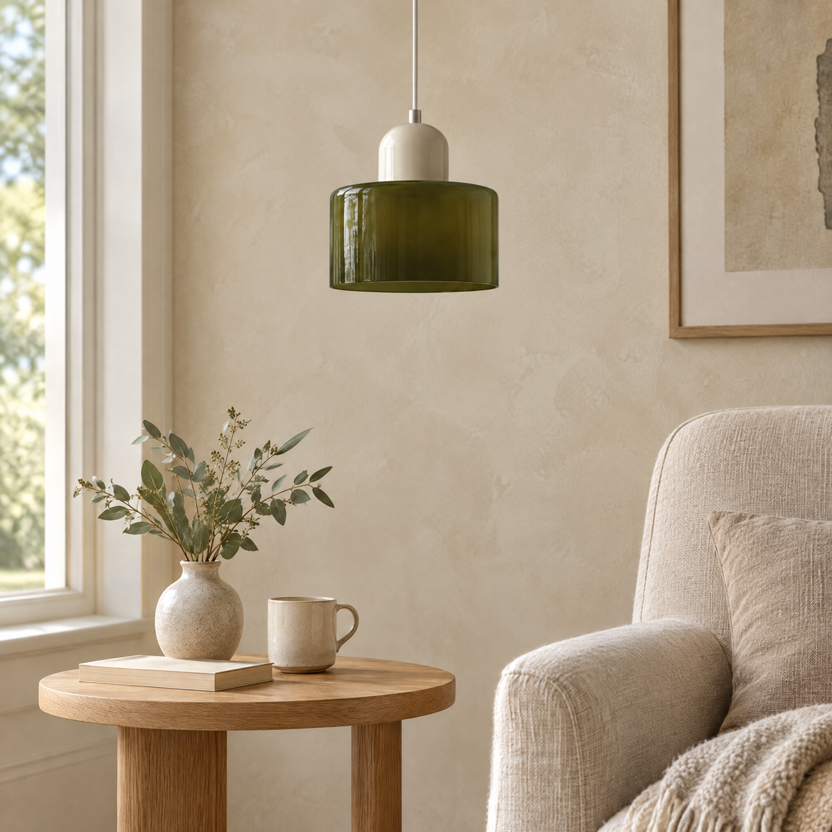 Suspension verre olive, chapeau crème, dans un coin lecture
