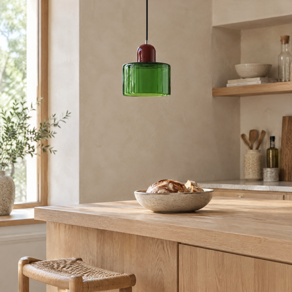 Suspension verre vert bouteille, chapeau bordeaux, au-dessus d'un îlot