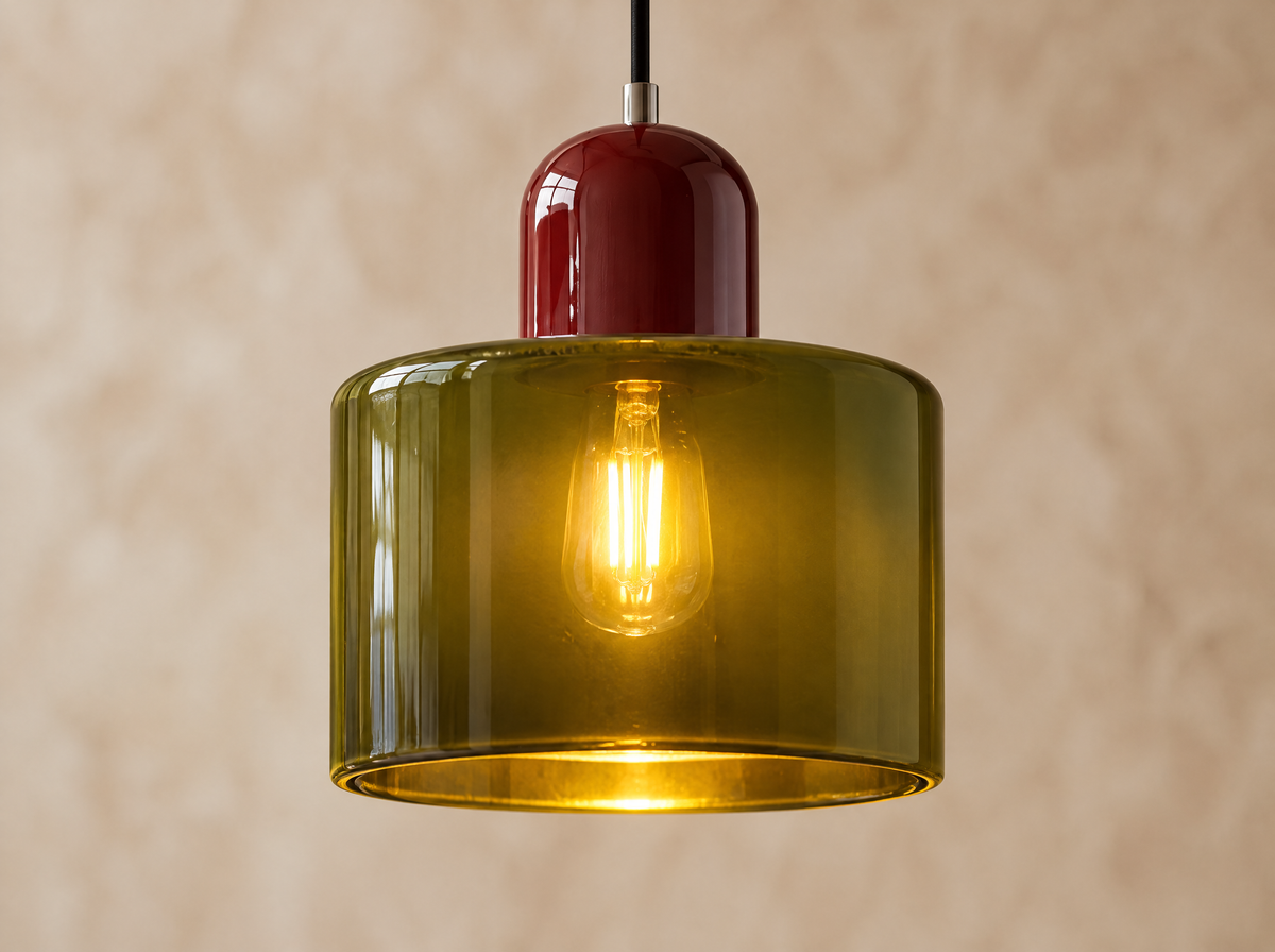 Détail du verre olive allumé et du chapeau bordeaux laqué