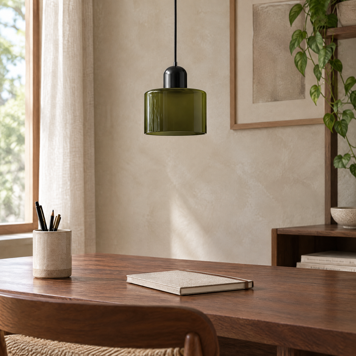 Suspension verre olive, chapeau noir, au-dessus d'un bureau