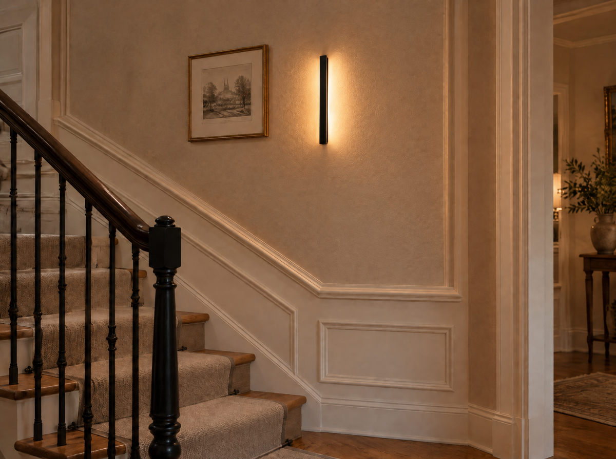 Applique linéaire noire dans une cage d'escalier