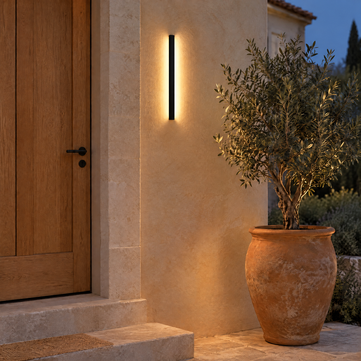 Applique murale LED linéaire noire allumée à côté d'une porte d'entrée en chêne, au crépuscule