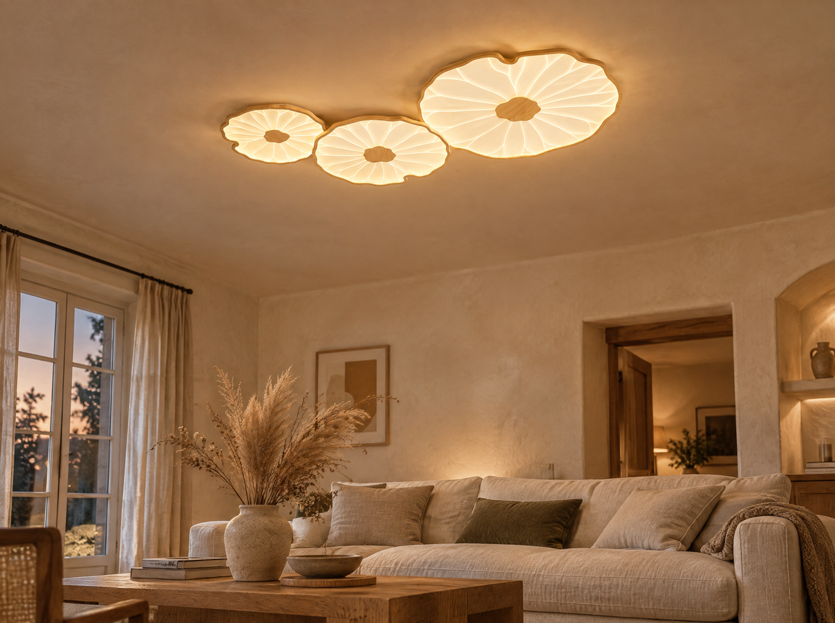 Plafonnier trio feuilles de lotus effet bois naturel allumé dans un salon