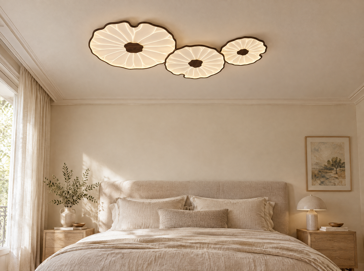 Plafonnier trio feuilles de lotus effet noyer dans une chambre