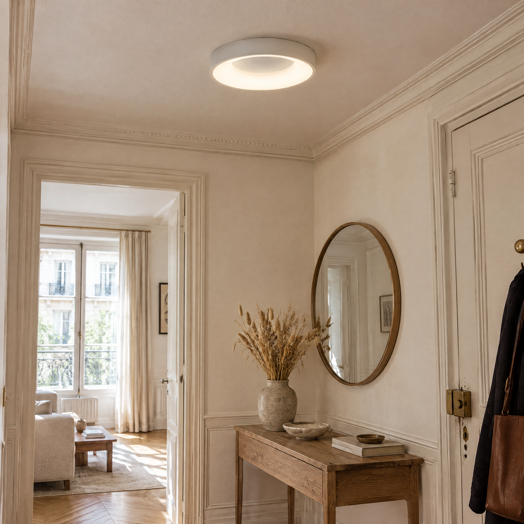 Plafonnier LED rond blanc de 30 cm dans une entrée