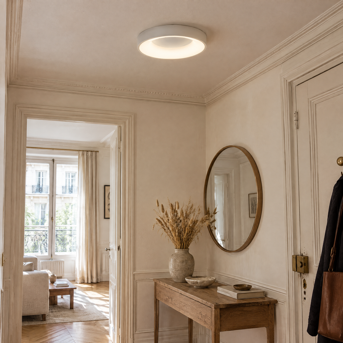 Plafonnier LED rond blanc de 30 cm dans une entrée