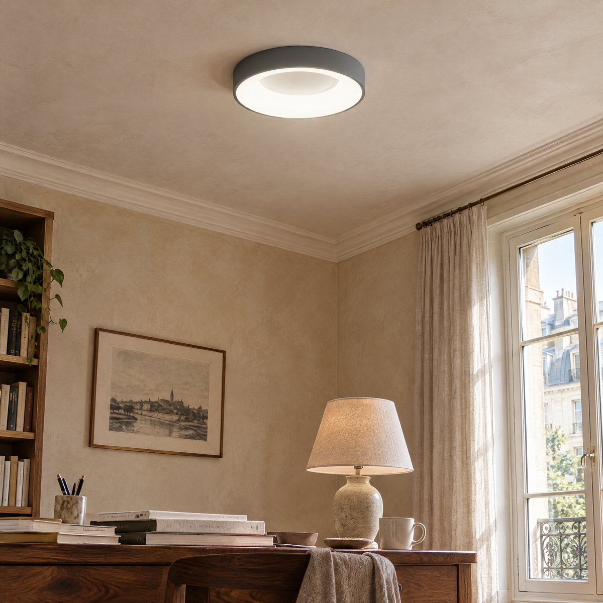 Plafonnier LED rond gris au-dessus d'un bureau en noyer