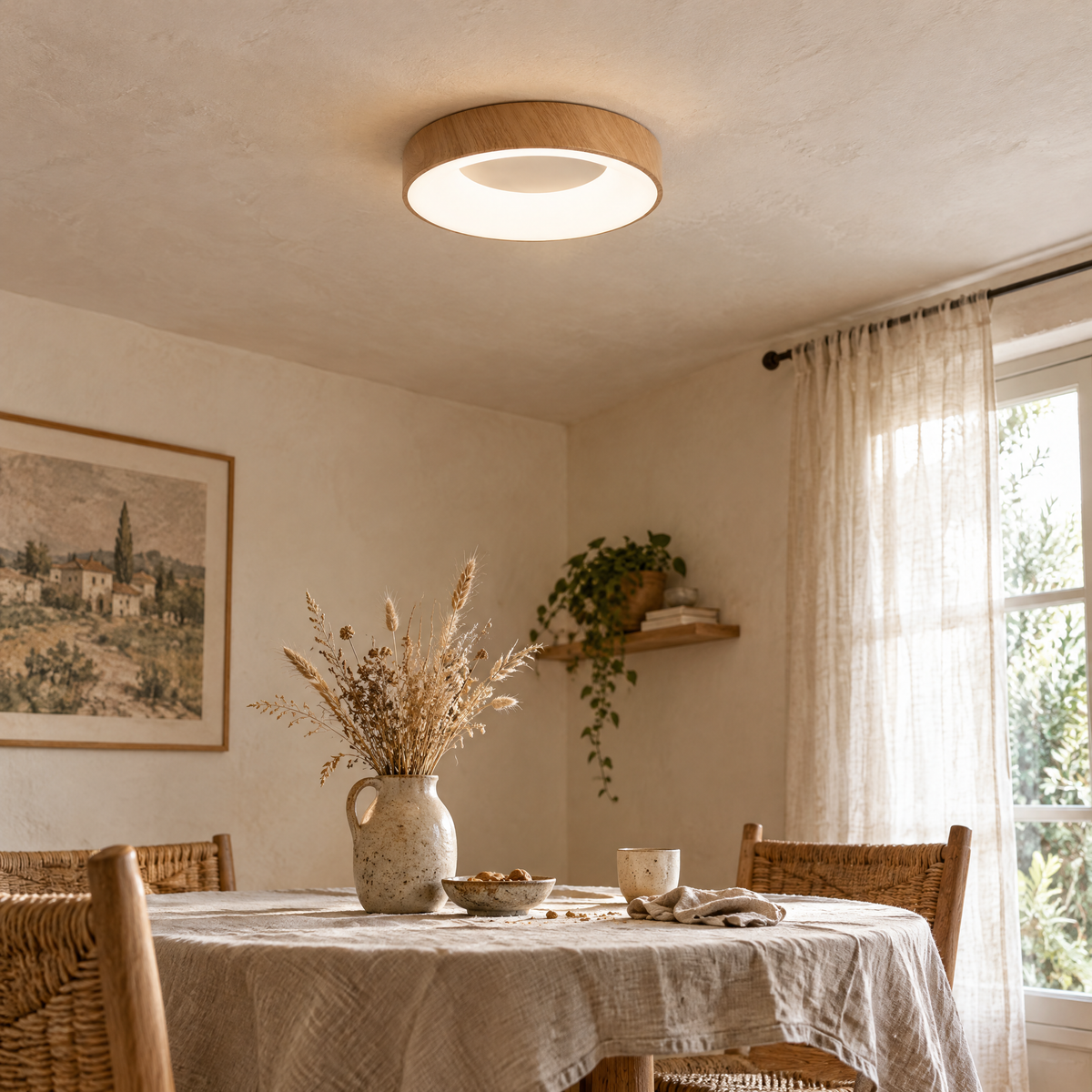 Plafonnier LED rond finition bois au-dessus d'une table ronde