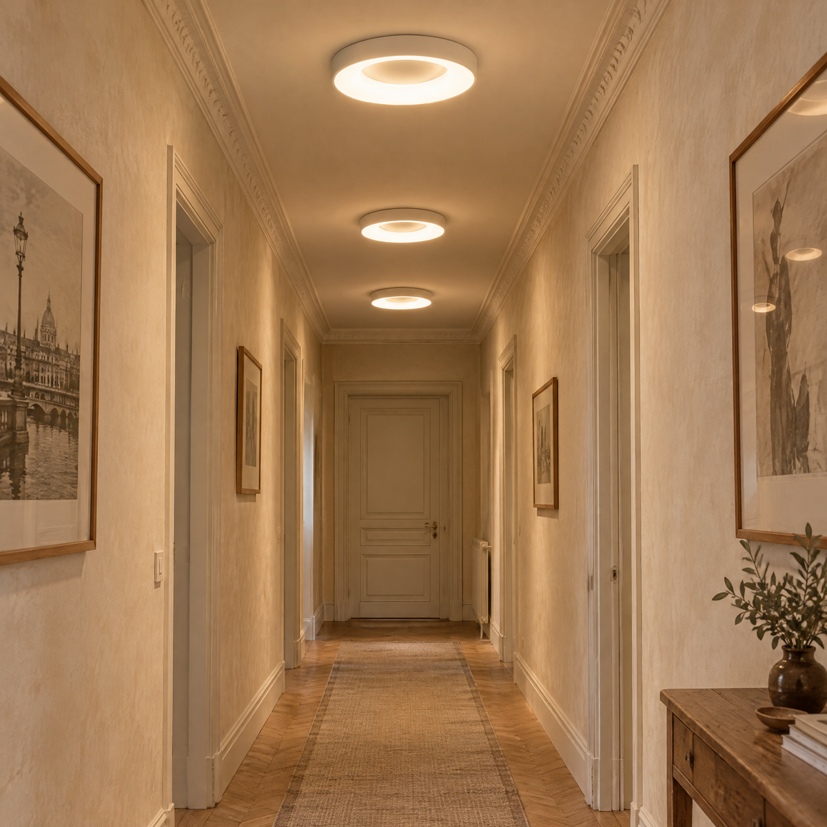 Lot de 3 plafonniers LED ronds blancs alignés dans un couloir
