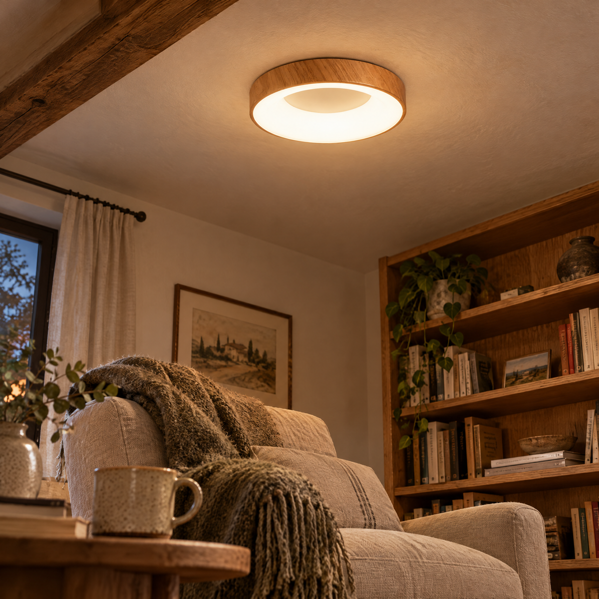 Plafonnier LED rond bois allumé le soir dans un coin lecture