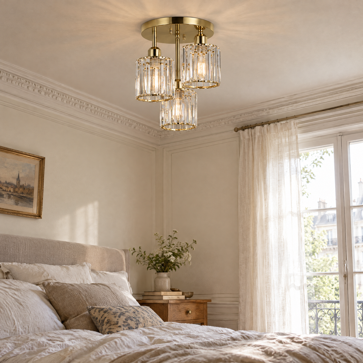 Plafonnier cristal doré dans une chambre