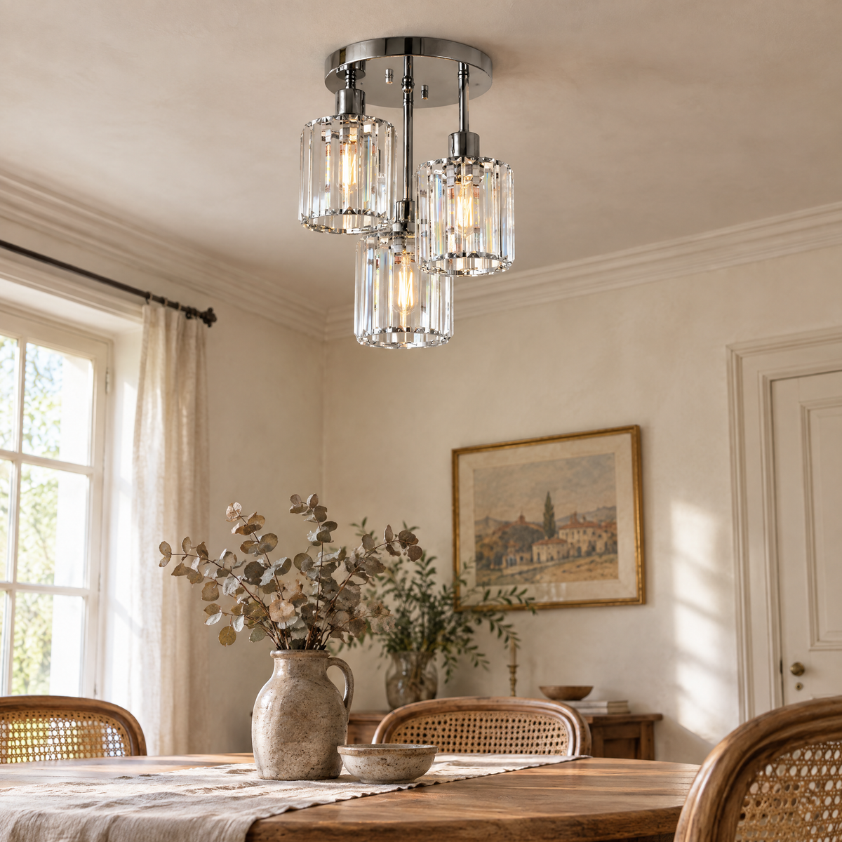 Plafonnier cristal chromé au-dessus d'une table de salle à manger