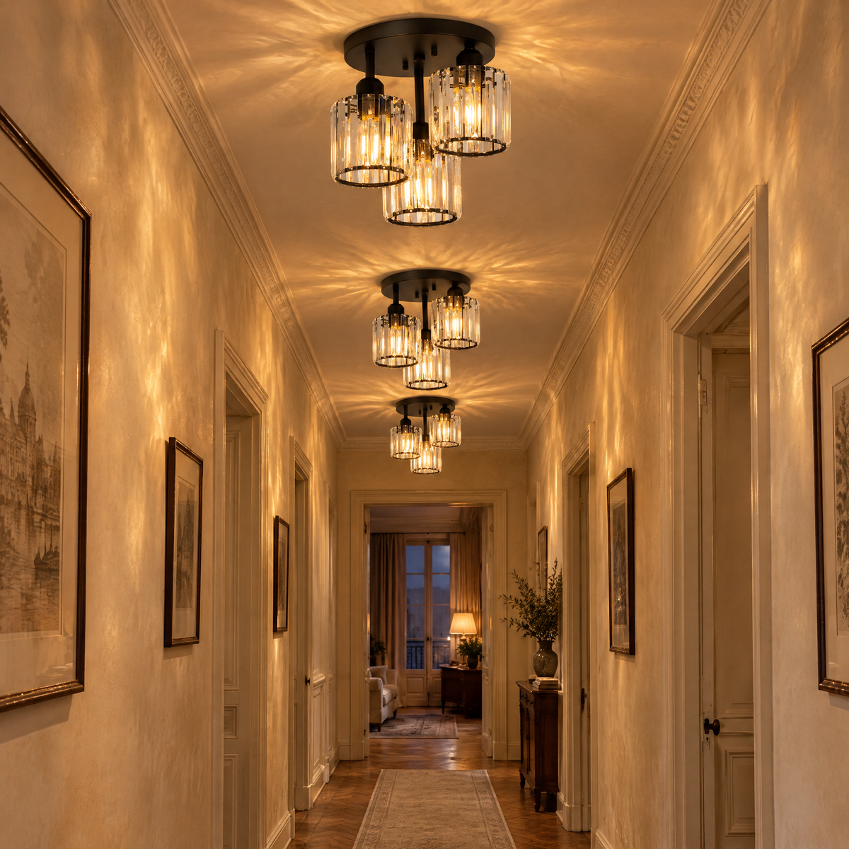 Lot de 3 plafonniers cristal noirs alignés dans un couloir