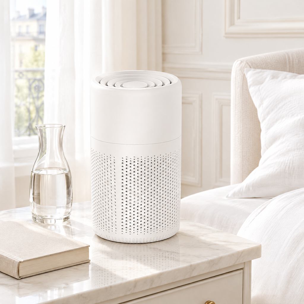 Purificateur d'air USB sur une table de chevet en marbre dans une chambre