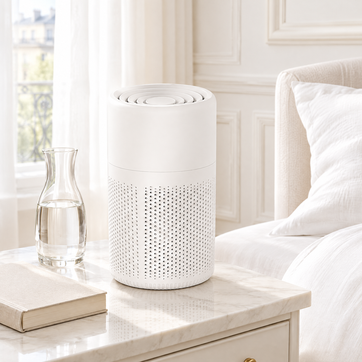 Purificateur d'air USB sur une table de chevet en marbre dans une chambre