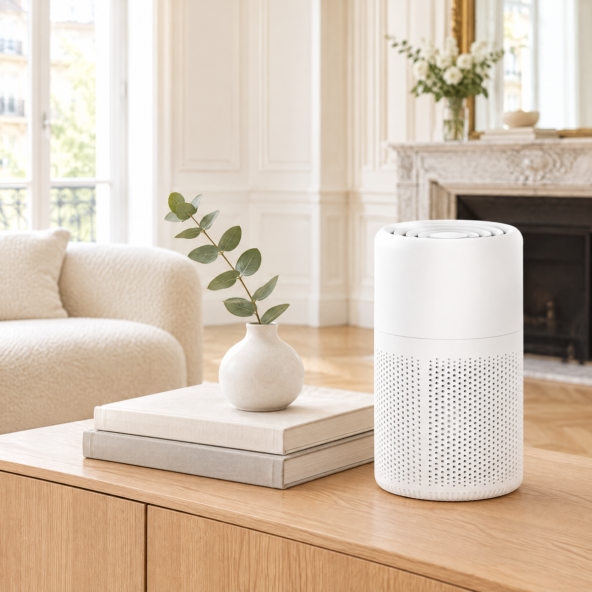 Mini purificateur d'air blanc sur un buffet en chêne dans un salon