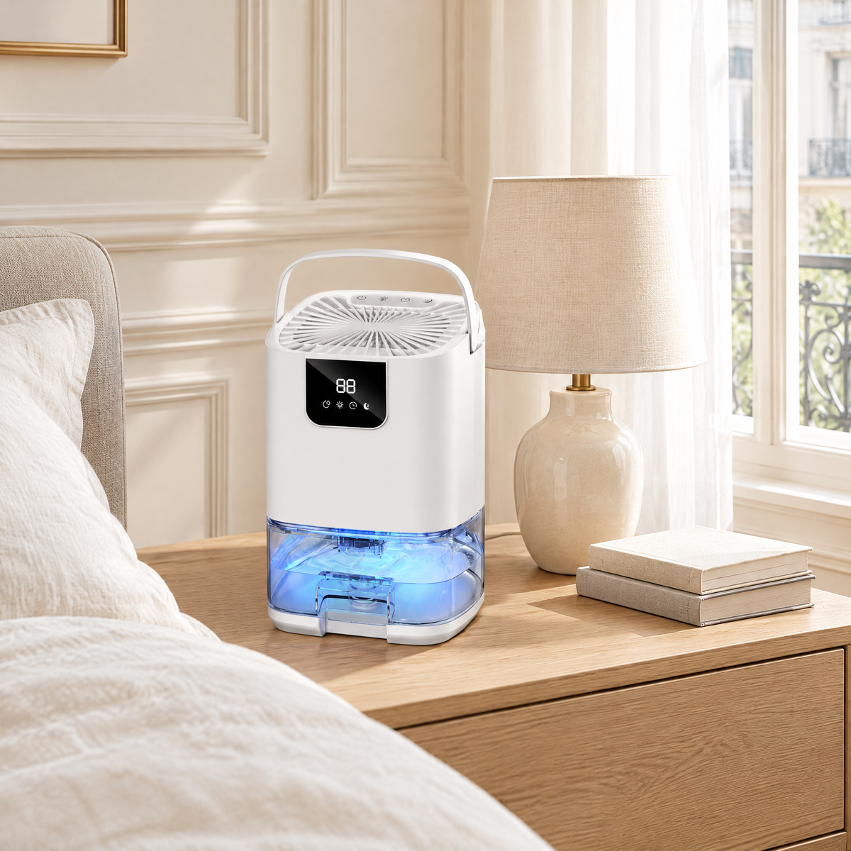 Petit déshumidificateur d'air blanc sur une table de chevet dans une chambre