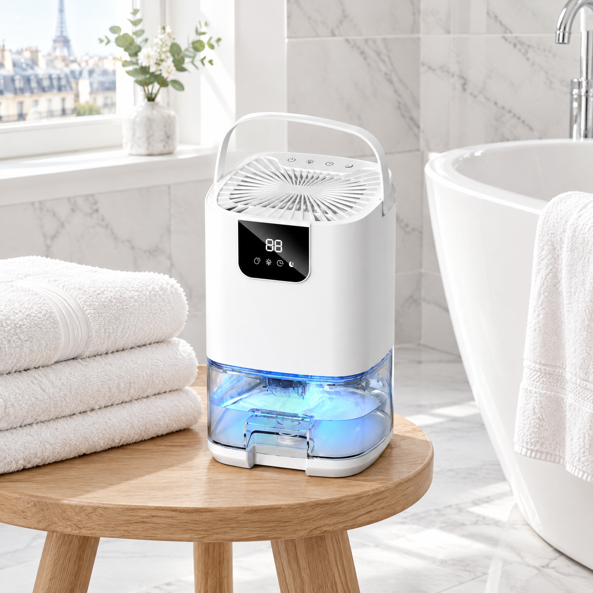 Déshumidificateur compact posé sur un tabouret dans une salle de bain