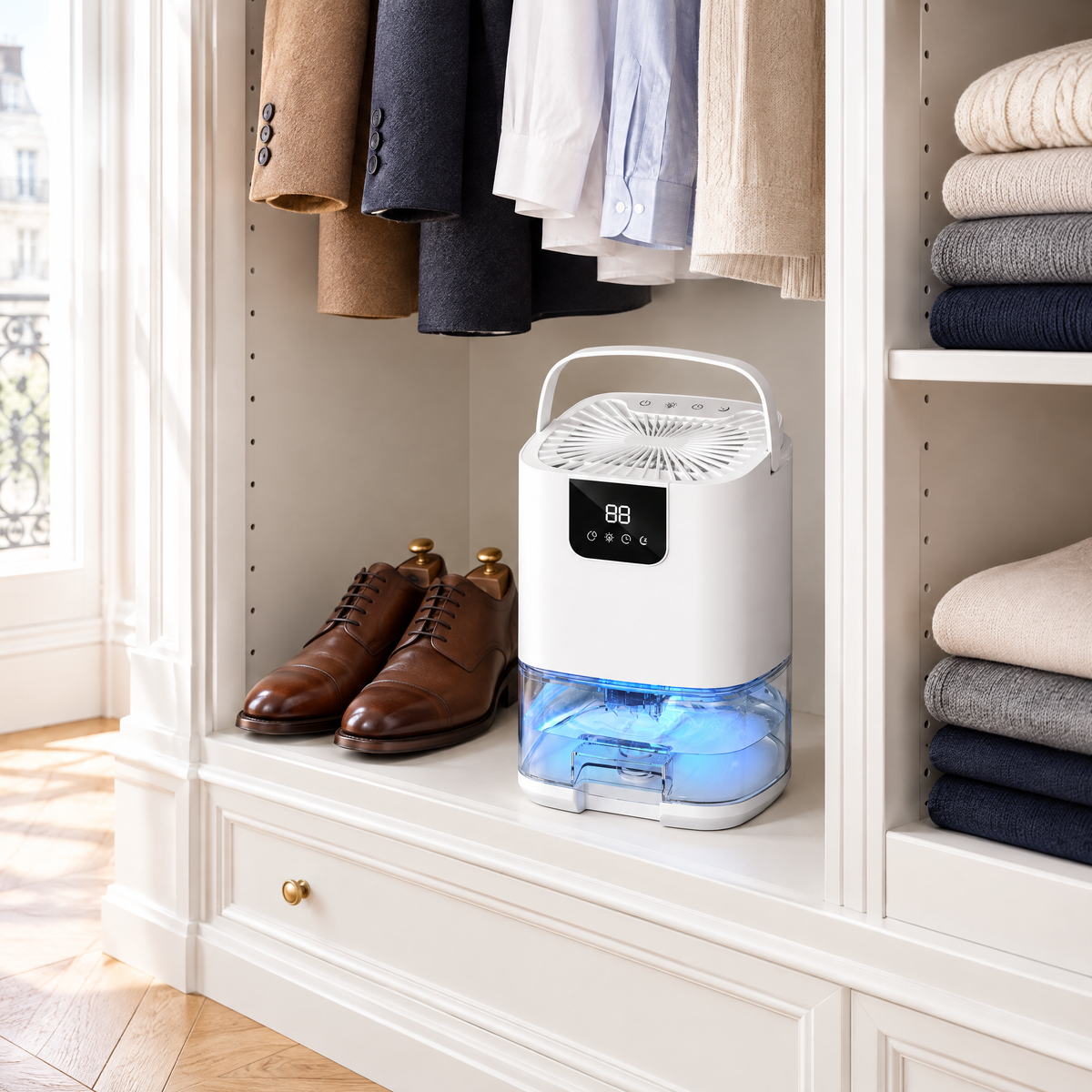 Petit déshumidificateur dans un dressing à côté de chaussures
