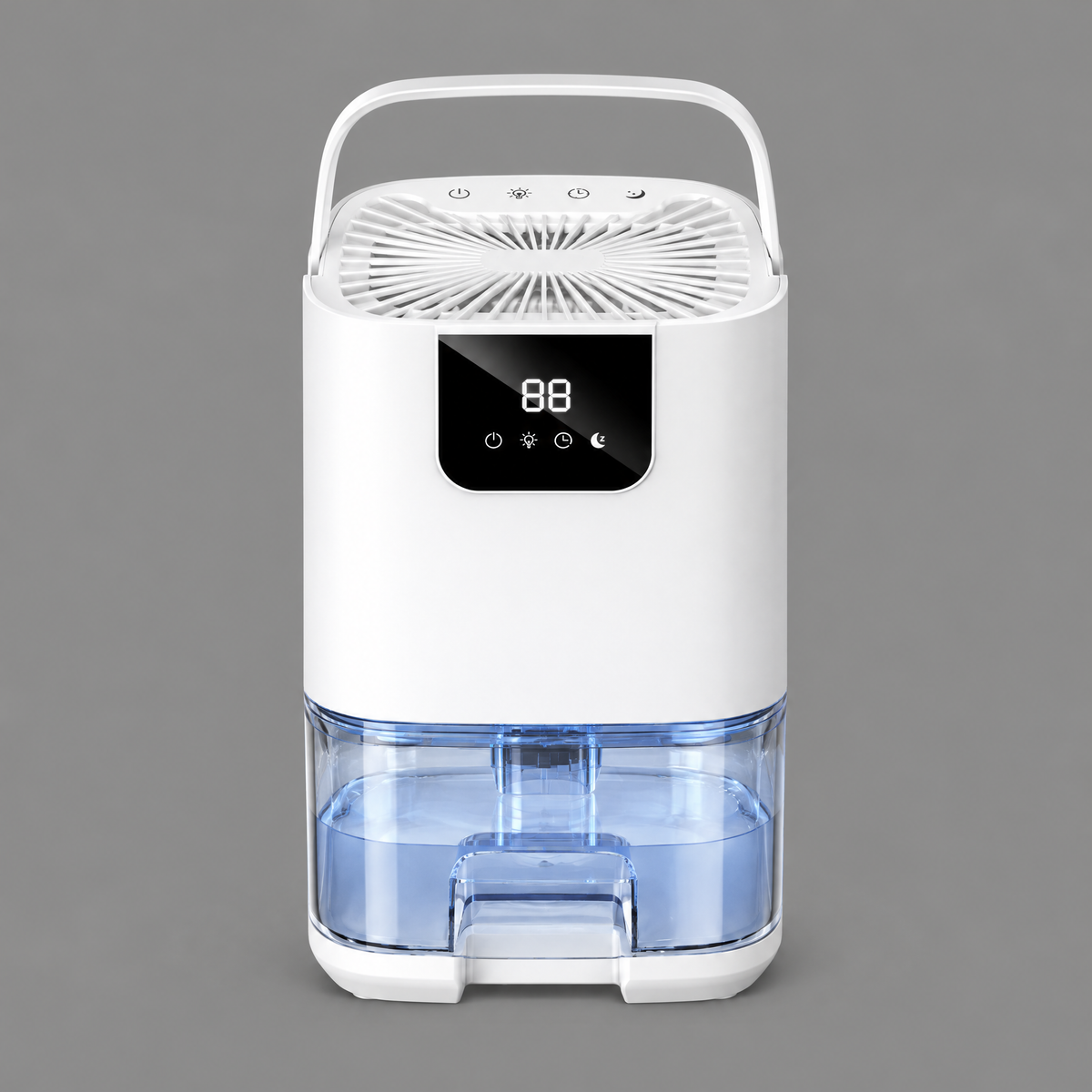 Petit déshumidificateur d'air électrique blanc avec réservoir transparent de 1 L, vue de face
