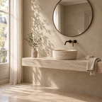 Salle de bain en enduit à la chaux et travertin avec mitigeur mural bronze profond