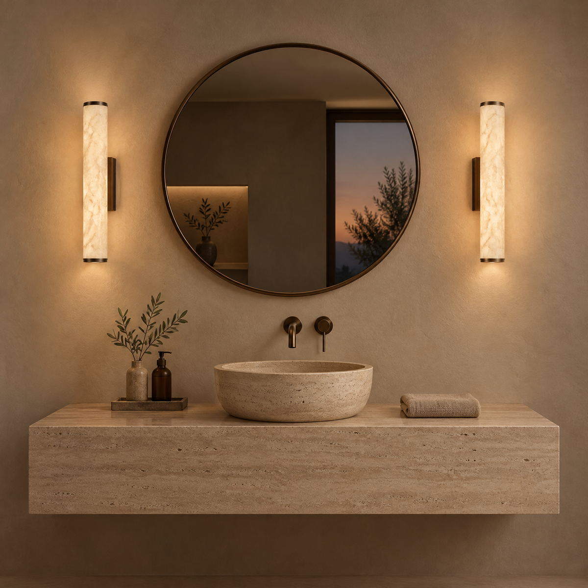 Deux appliques en albâtre de part et d'autre d'un miroir rond dans une salle de bain en travertin
