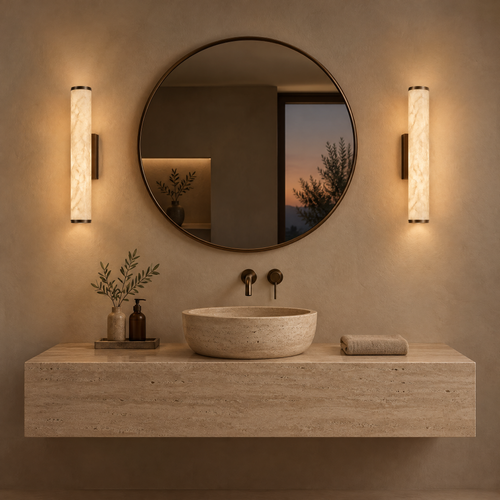Deux appliques en albâtre de part et d'autre d'un miroir rond dans une salle de bain en travertin
