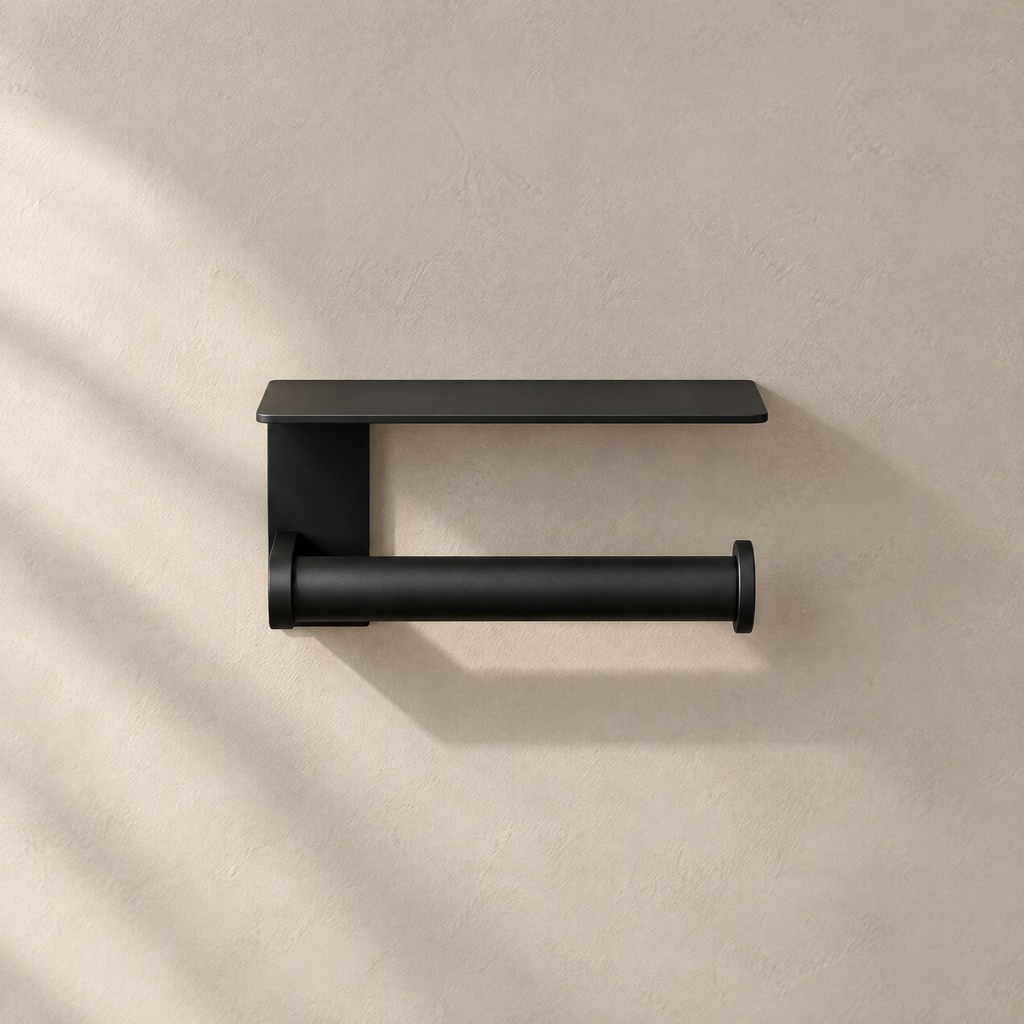 Porte-rouleau WC mural noir mat avec tablette, vue de face