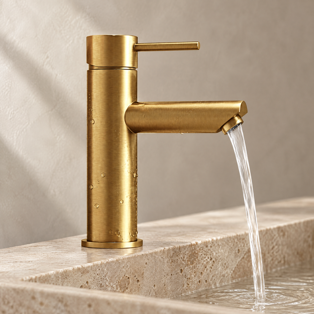 Filet d'eau sortant du mitigeur lavabo doré brossé