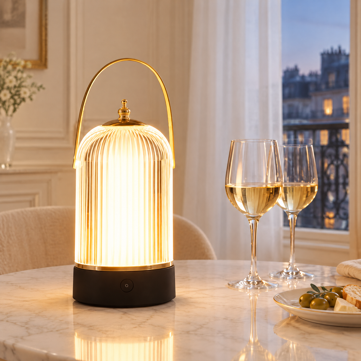 Lampe sans fil lanterne cannelée avec poignée dorée allumée sur une table en marbre