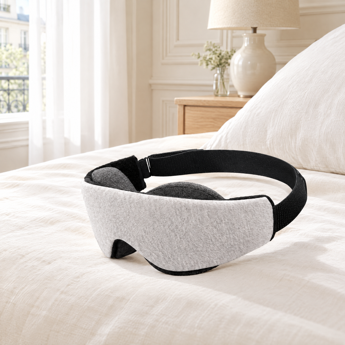 Masque de sommeil 3D gris posé sur un lit dans une chambre lumineuse
