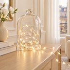 Guirlande micro LED blanc chaud dans une cloche en verre sur une console