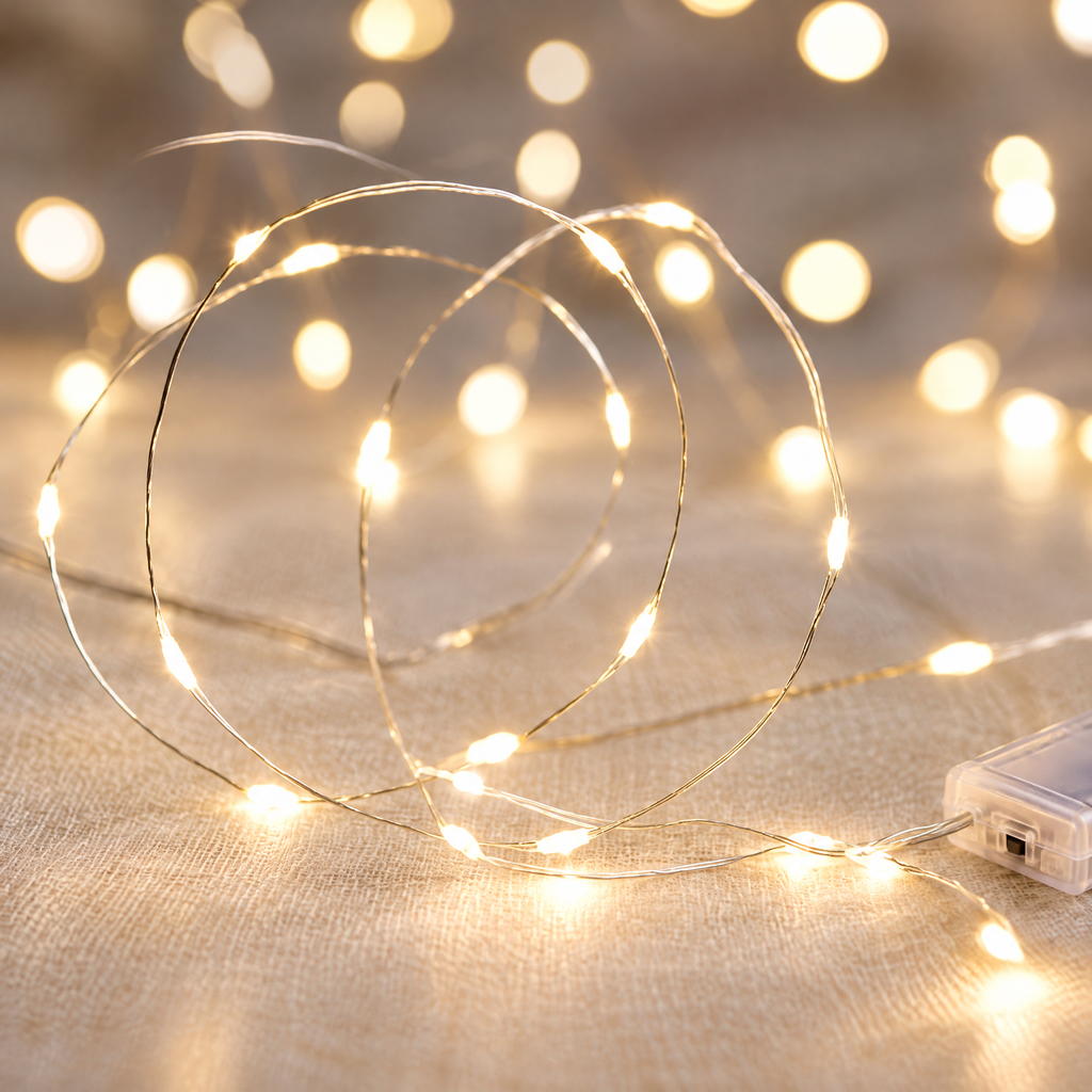 Fil argenté de la guirlande micro LED allumée et son boîtier à piles