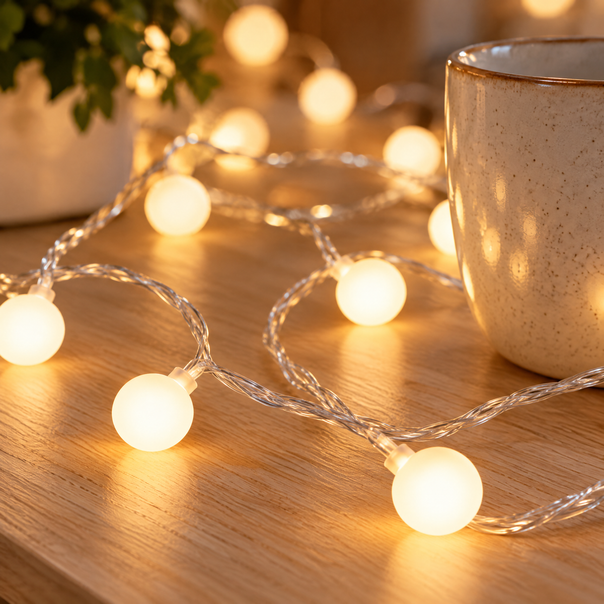 Boules LED givrées allumées sur câble transparent