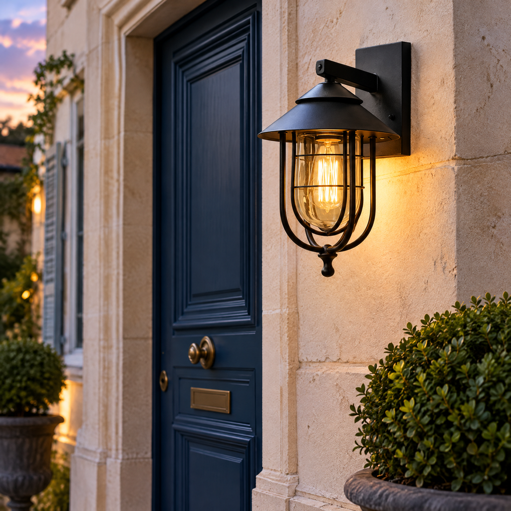 Applique lanterne vintage noire allumée à côté d'une porte d'entrée bleue